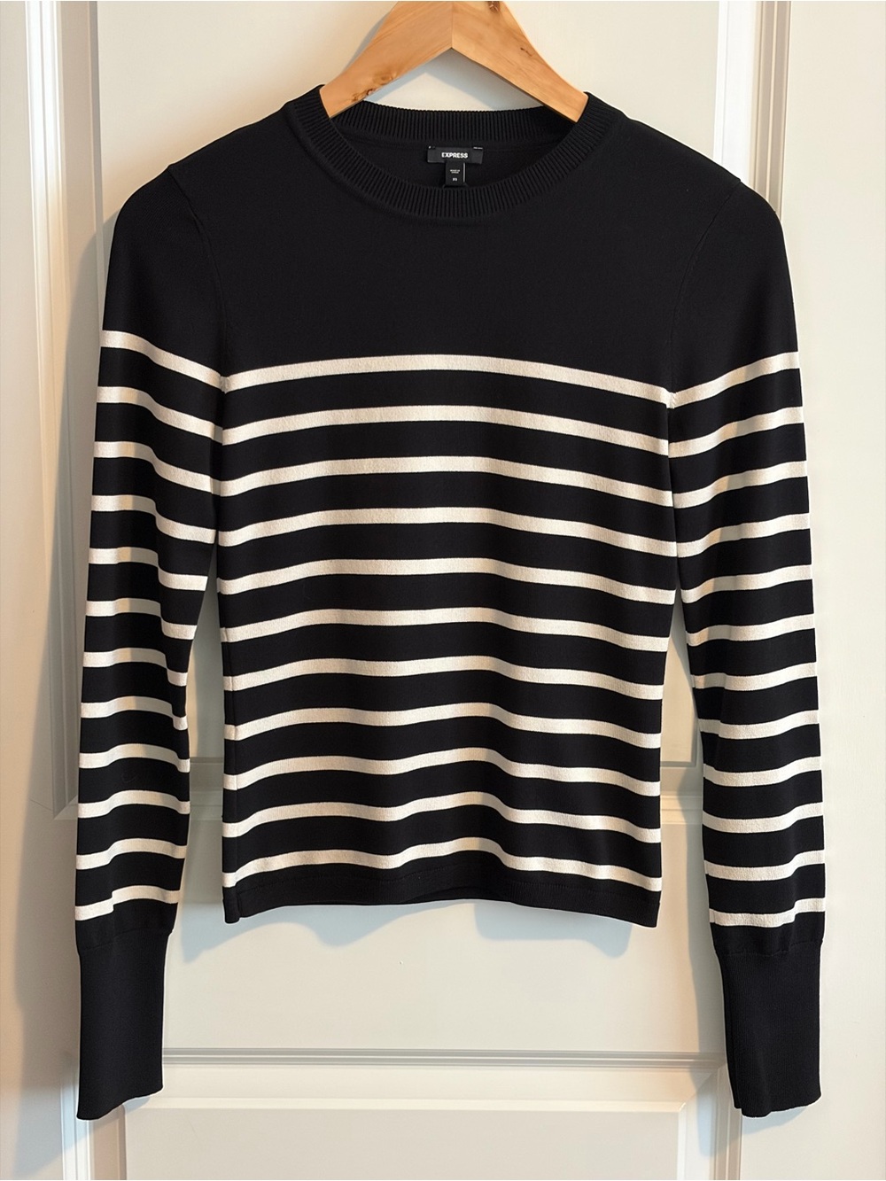 Express Black and White Striped Crewneck Sweater